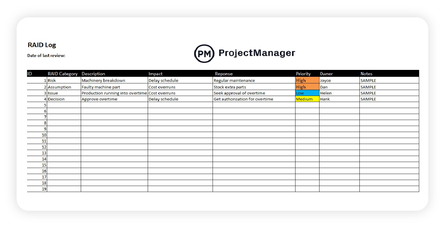 Descarga la plantilla básica RAID Log de ProjectManager